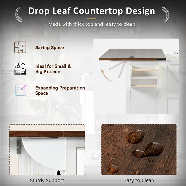 54.5 英寸农舍厨房岛，带电源插座，厨房储物岛，带内部储物架、翻板、调料架、带轮子的滚动厨房推车，适用于家庭、厨房和餐厅，白色-7