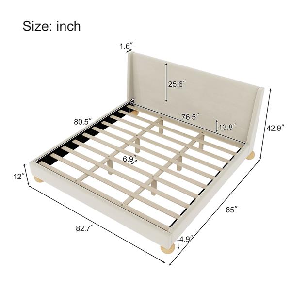 现代天鹅绒软垫平台床，带翼背床头板和圆形木腿，奶油色，特大号-8