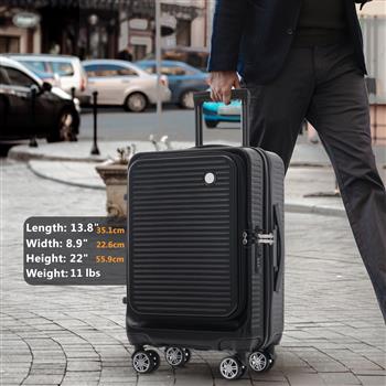 随身行李箱 20 英寸前开式轻便行李箱，带前袋和 USB 端口，1 个便携式手提箱