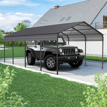 金属车棚12 ×20 FT，金属车库雨棚与镀锌钢屋顶和框架，可用于汽车、船和卡车的户外存储，灰色
