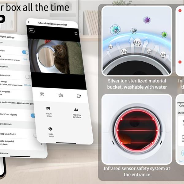 自清洁猫砂盆，68L+9L，适合多种猫砂，APP操控，实时视频拍照录像，安全可靠，离子除臭，带排气管，支持WiFi-2