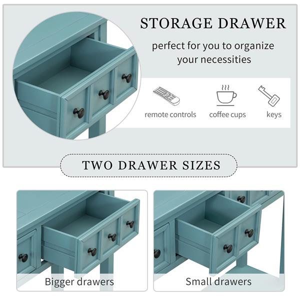 乡村风格入口控制台桌，60 英寸长沙发桌，配有两个不同尺寸的抽屉和底部储物架（绿松石绿）-23