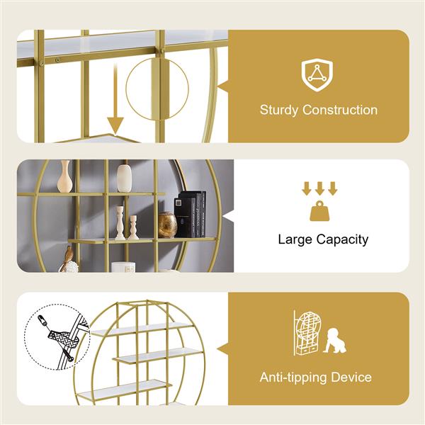 70.8 英寸圆形办公室书柜书架，展示架，两个抽屉，金色框架-11
