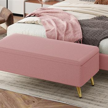 现代灯芯绒软垫脚凳，带金属腿，储物凳，适用于卧室、客厅，粉色