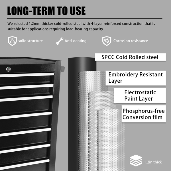 滚动工具箱，带轮子的 5 抽屉工具箱，可上锁和移动的工具柜，带工具箱整理托盘，适用于车间、车库、机械室和维修室（黑色）-8