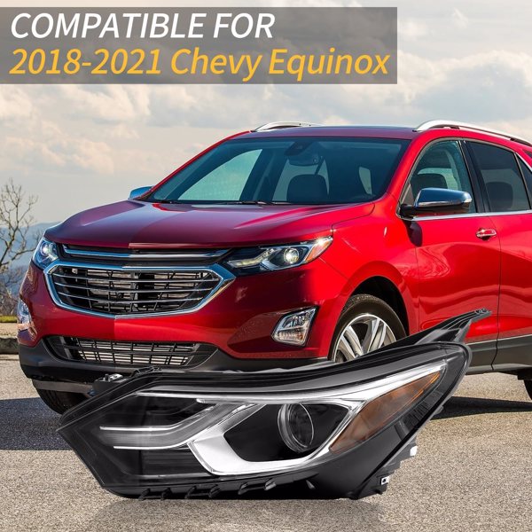 FBA仓发货，2018-2021 Chevy Equinox 美版 LED+卤素大灯 黑框白罩橙反射器，不含灯泡，左-1