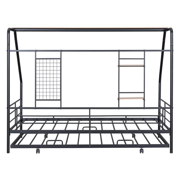 带滚轮的双人金属房屋床，黑色-17