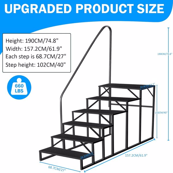RV Stairs 6 Step Ladder, RV Steps Anti-Slip, Hot Tub Steps with Handrail, 660 lbs RV Ladder for 5th Wheel RV, Mobile Home Stairs-6