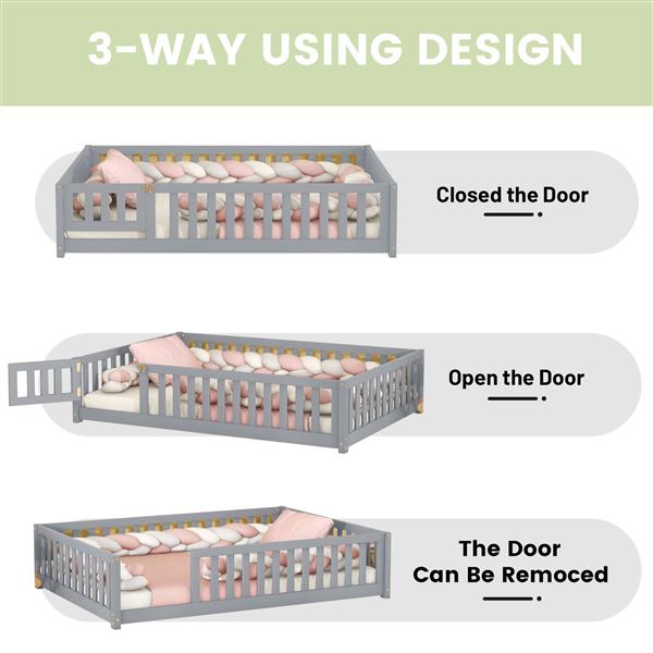 儿童全尺寸地板床，带安全护栏和门，灰色-14
