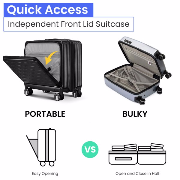 18 英寸手提行李箱，带前开门和笔记本电脑夹层，硬壳行李箱内置 TSA 行李锁，硬壳轻便 PC 旅行箱，适合男女，带万向轮，经航空公司批准,黑-13