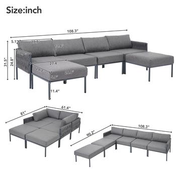 6 件套铝制庭院家具套装，现代金属户外会客套装组合沙发，带可拆卸烯烃超厚坐垫 5.9 英寸坐垫，灰色