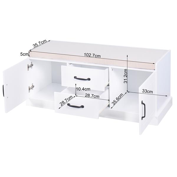 木制玄关鞋柜，带 2 个抽屉和 2 个门，客厅储物长凳，带白色垫子-4