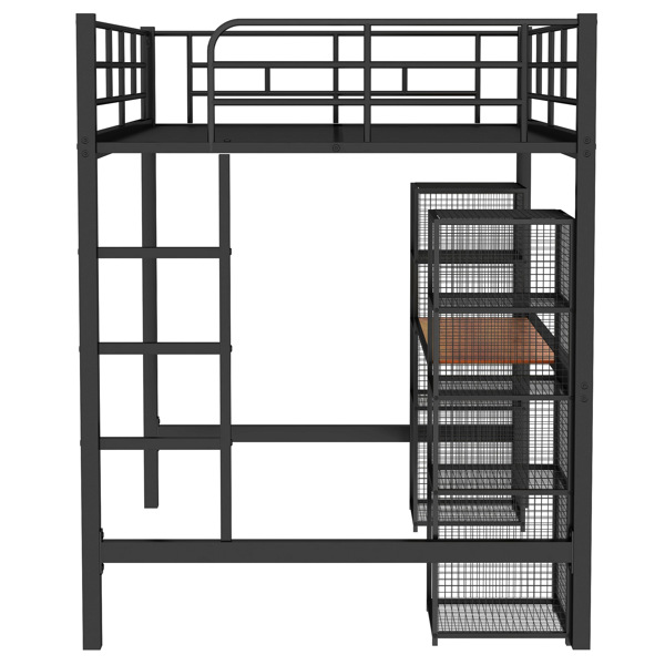 全尺寸金属阁楼床，带内置书桌和架子，黑色+棕色-14