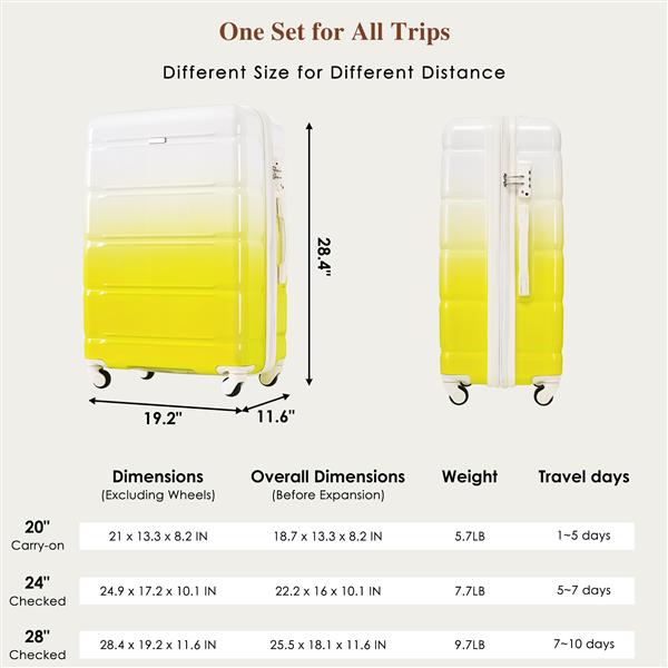 行李箱 3 件套，20 英寸，带 USB 端口，航空公司认证随身行李箱，带杯架，ABS+PC 硬壳行李箱，带万向轮，柠檬黄，新产品 5 月中旬到货-14