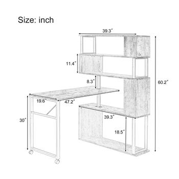 家庭办公电脑桌 L 形转角桌，带 5 层书架的旋转电脑桌，四种安装方式，可锁定脚轮（黑色）