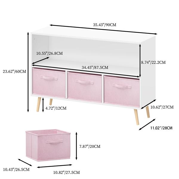 带可折叠布艺抽屉的儿童书柜、儿童书籍展示架、玩具收纳柜、白色/粉色-5