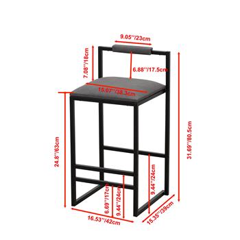 2 件套吧台高度吧椅厨房岛凳带靠背现代无扶手金属腿和 PU 灰色软垫椅子（灰色带靠背）
