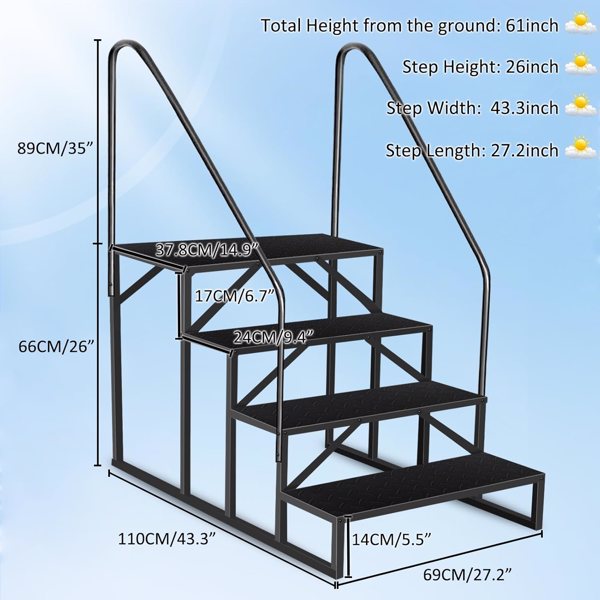 Swimming Pool Ladder above Ground, RV Steps with Handrail, Heavy Duty Pool Step Hot Tub Steps, 660 lbs Weight Capacity Camper Step Stool Mobile Home Stair for Getting High (4 STEP, 2 HANDRAIL)-2
