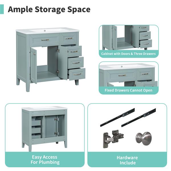 36 英寸浴室盥洗台，带水槽组合，绿色浴室柜，带抽屉，实心框架和中密度纤维板-29
