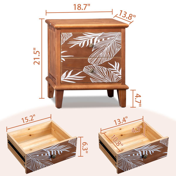  棕色 中纤板贴木皮 实木框架 48*35*54cm 二抽 床头柜 波西米亚-4