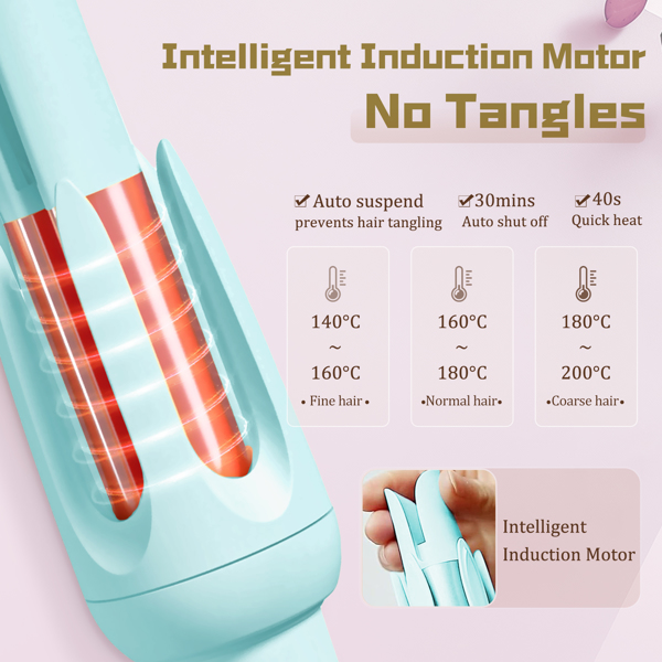 自动卷发器，自动卷发棒，带 4 种温度和 3 个计时器，自动关闭，防烫，防缠绕，用于头发造型的旋转卷发棒，蓝色（周末不发货）-5