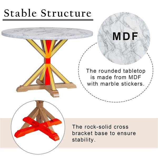 5 件套农舍风格餐桌套装，大理石贴纸和十字支架底座餐桌，以及 4 把软垫椅子（白色+胡桃木色）-5