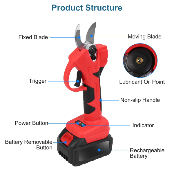 21V 电动修枝剪 充电式树枝剪 园艺剪刀 带 2 包充电电池和备用刀片套装 红色-7