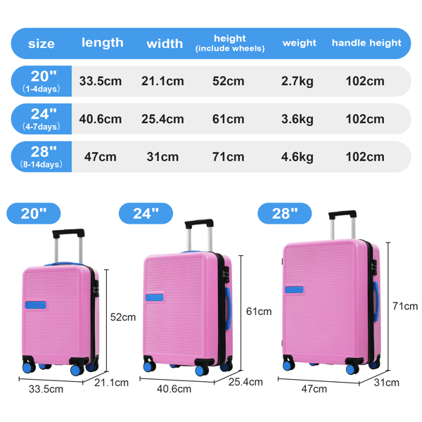 硬壳行李箱套装 3 件 对比色行李箱 带万向轮和 TSA 锁 20 英寸 24 英寸 28 英寸 有货-11