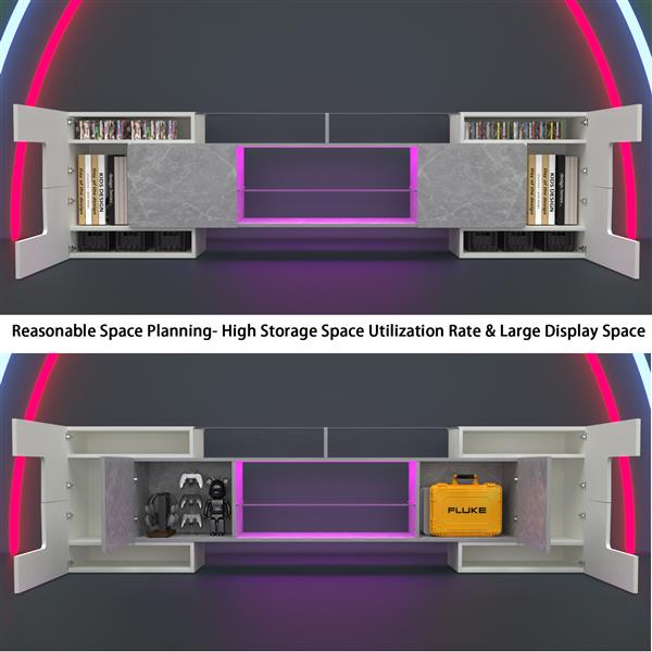 [视频] 带储物柜的电视柜，长 LED 电视支架全 RGB 颜色选择，31 种模式变色灯现代娱乐中心，带 2 个钢化玻璃搁板（灰色/白色，80 英寸）-5