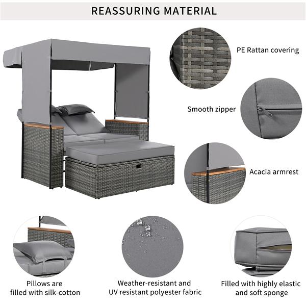 2 件套藤条户外露台长椅休闲屋顶套装，有效防紫外线面料和防水垫子以及可调节靠背，适用于花园、后院和门廊（灰色柳条 + 灰色面料）-6
