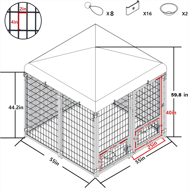 户外狗窝4.5' x 4.5' x 4.8' 带有防水雨棚屋顶，重型金属狗笼带旋转喂食门-3