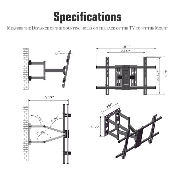 LEADZM TMDS-106 最大VES 400x600mm 壁挂电视架 60kg 可调节角度 5° 40~75 inch电视 黑色-6