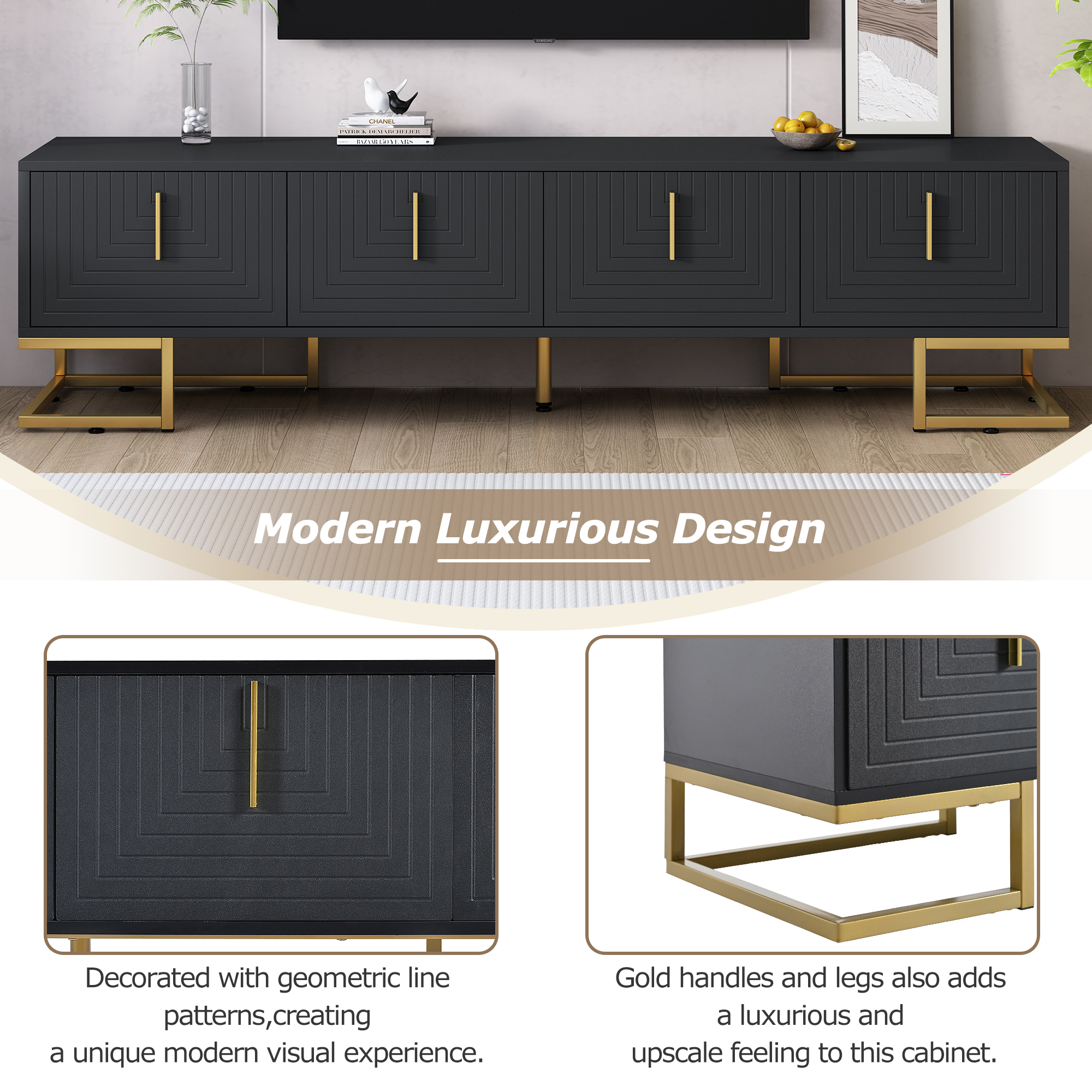 Modern Black TV Stand with Metal Legs and Gold Handles for TVs Up to 80 Inch