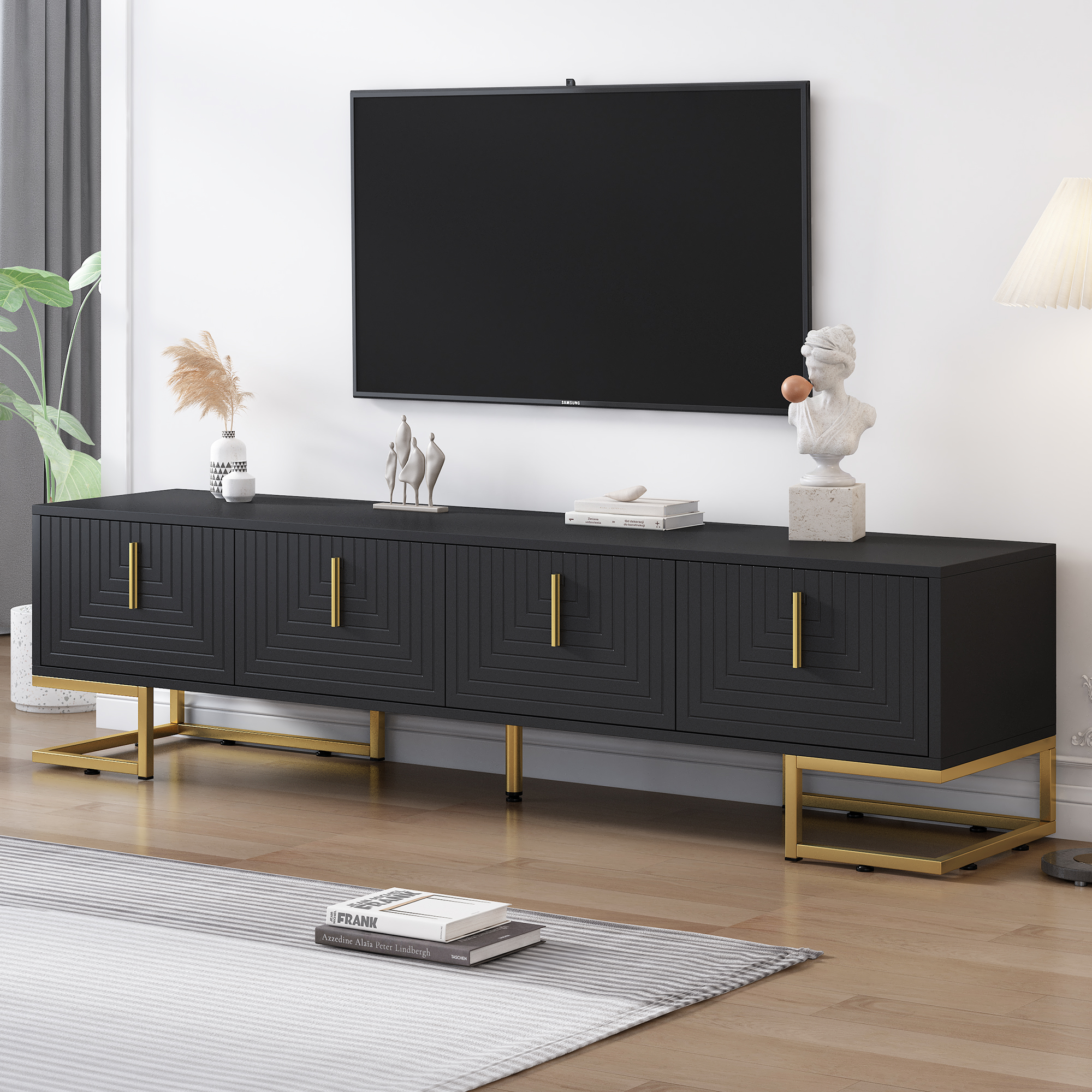 Modern Black TV Stand with Metal Legs and Gold Handles for TVs Up to 80 Inch