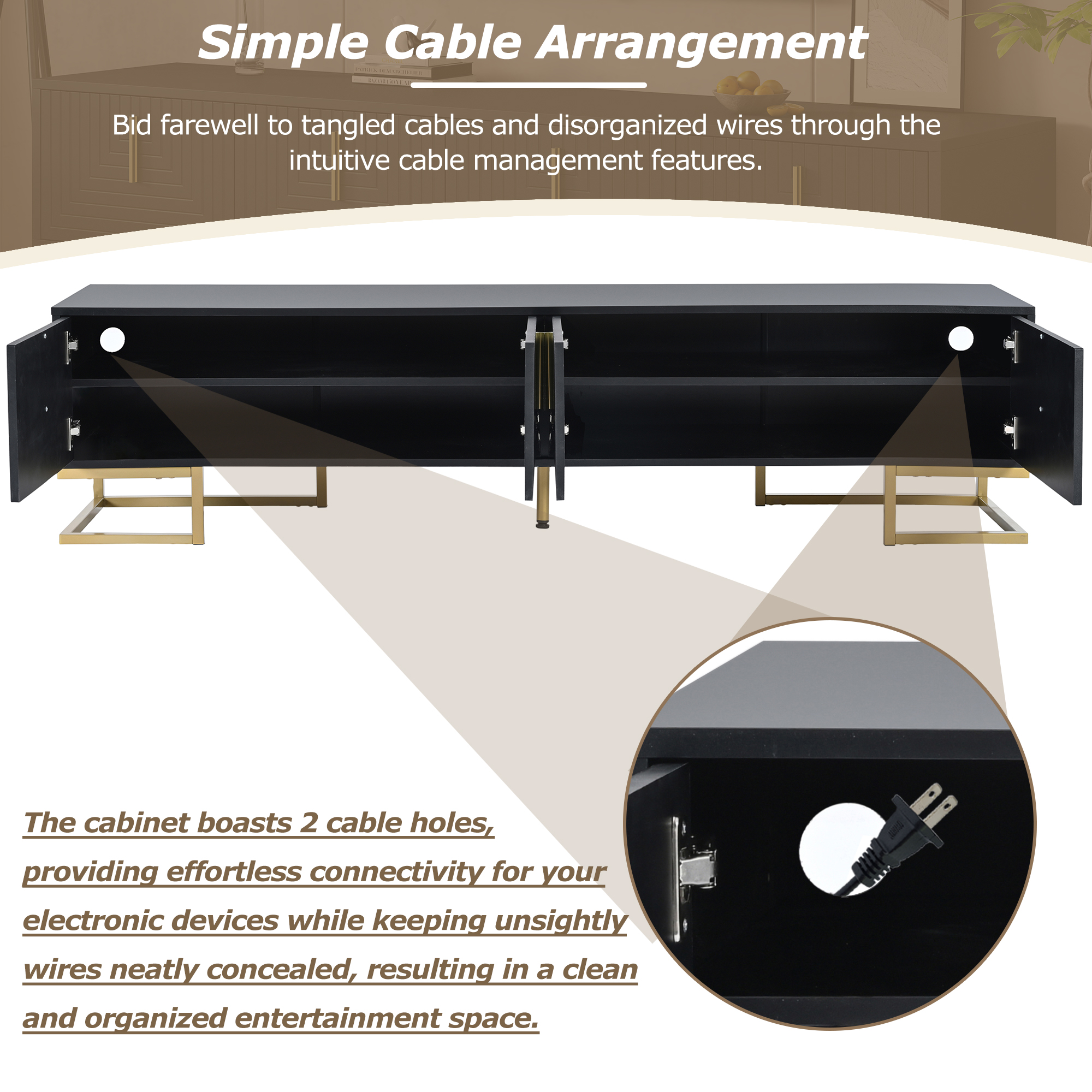 Modern Black TV Stand with Metal Legs and Gold Handles for TVs Up to 80 Inch