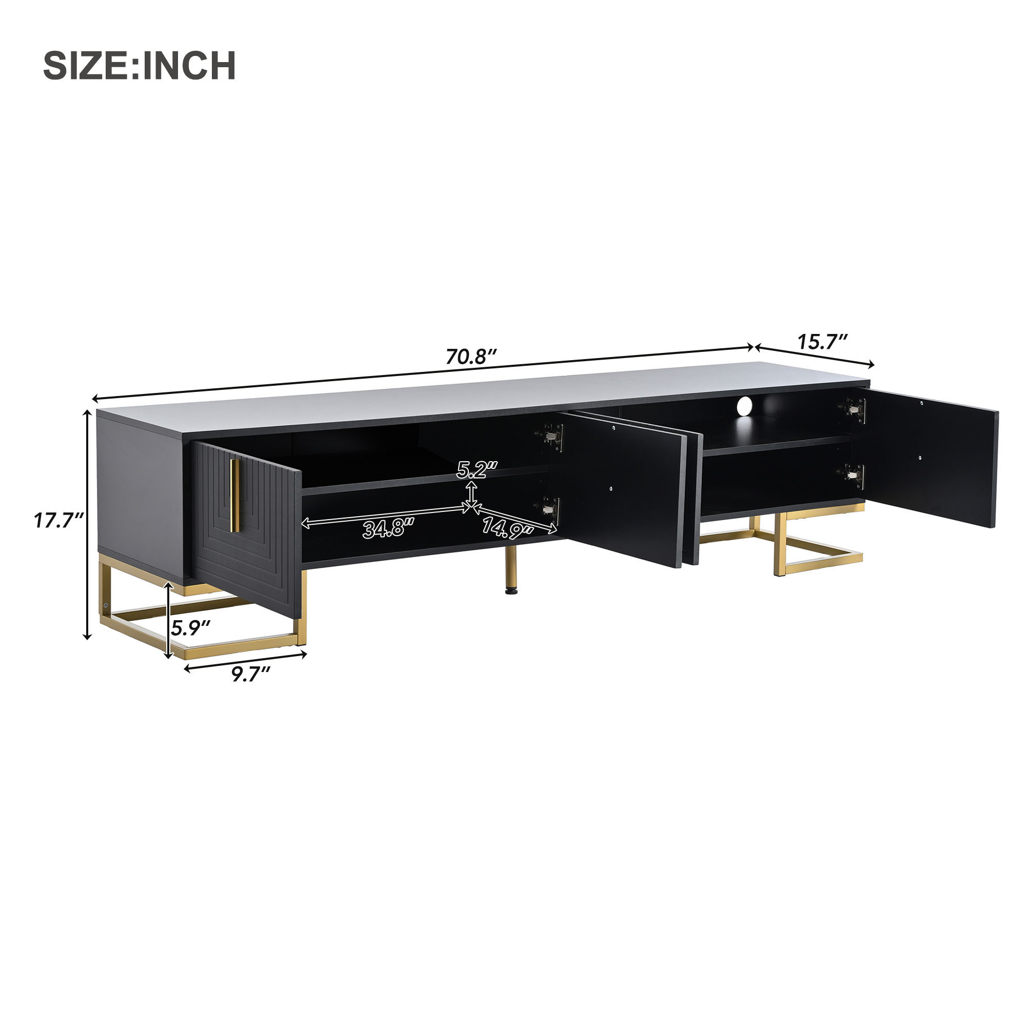 Modern Black TV Stand with Metal Legs and Gold Handles for TVs Up to 80 Inch