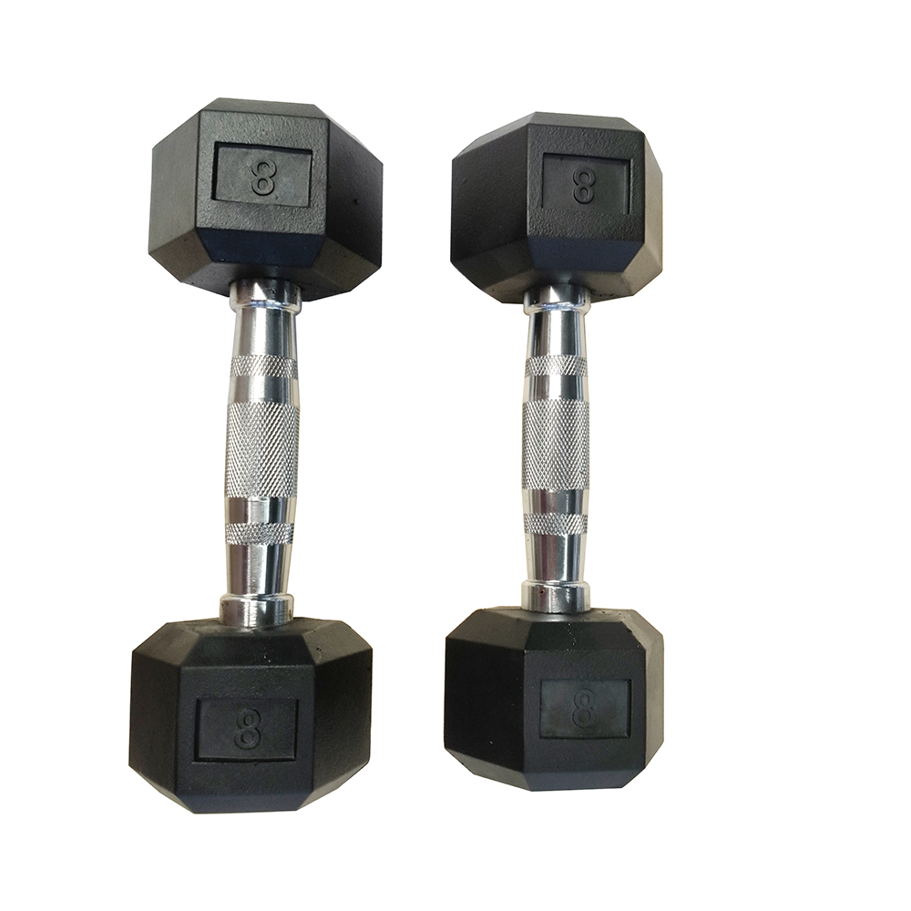 8LB Pair Rubber Coated Cast Iron Dumbbells with Chrome Handle Hexagon Design