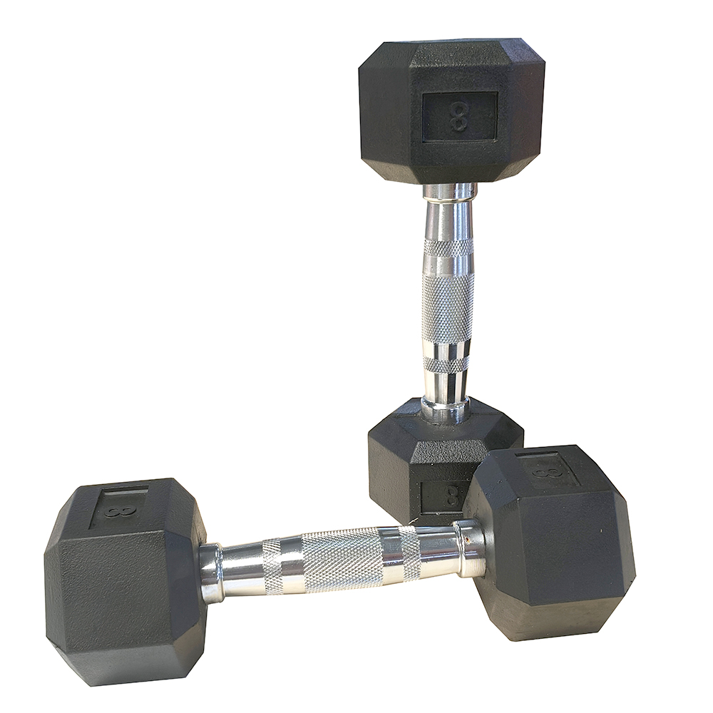 8LB Pair Rubber Coated Cast Iron Dumbbells with Chrome Handle Hexagon Design