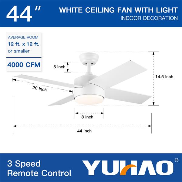 44 英寸集成 LED 吊扇灯，带白色 ABS 叶片-19