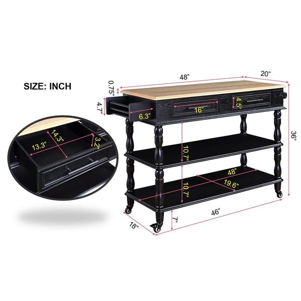 56 英寸带储物空间的滚动厨房岛，带实心橡木顶部的厨房推车，带轮子的双面厨房岛推车，葡萄酒和调味品架，带 2 个抽屉的大型厨房推车，黑色+自然色顶部-17