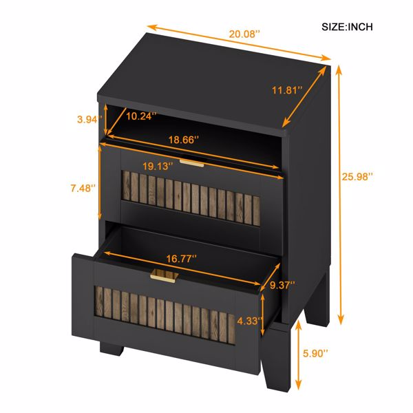2 抽屉农舍木制床头柜，带木条装饰和金属手柄，带卧室储物柜的木质边桌，黑色-7