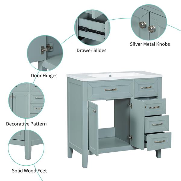36 英寸浴室盥洗台，带水槽组合，绿色浴室柜，带抽屉，实心框架和中密度纤维板-30