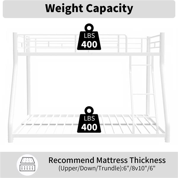 金属双层床，全尺寸，带可拆卸楼梯，重型坚固框架，带 12 英寸床下储物空间，适合青少年和成人，青少年，无需弹簧床垫，白色-18