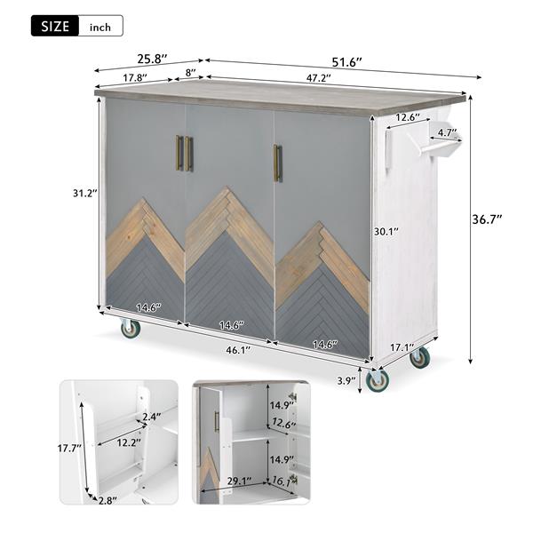 复古山木 47 英寸深厨房岛，带下拉板，带轮农舍厨房岛，带内部储物架，带毛巾架的滚动厨房推车，适用于客厅、厨房、餐厅（白色）-27