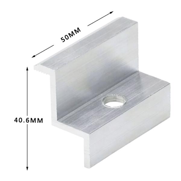 光伏铝合金侧压块；颜色：银色；型号：无；数量：10PCS(ING-SEC-35)；净重：0.3kg；参数：宽度50mm；长度40.6mm(适配高度30-50mm通用)；厚度2.8mm；螺丝孔适配M8螺丝；材料：铝合金AL6005-T5-6