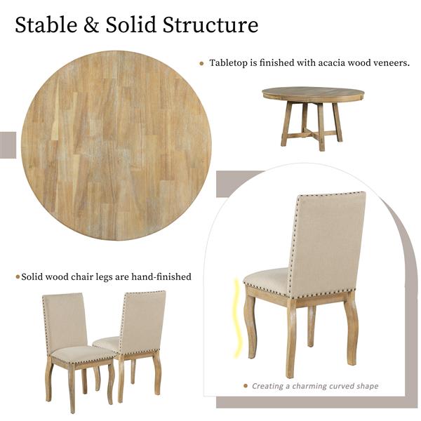 5 件农舍餐桌套装木质圆形可伸缩餐桌和 4 把软垫餐椅（天然木水洗）-24