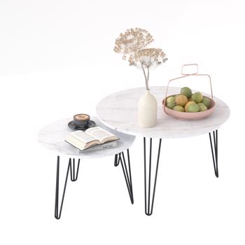 27.56\\'\\' Round Nesting Coffee Table Set of 2, Circular Nesting End Table Set, Round Marble Tabletop, and Sturdy Metal Base for Living Room, bedroom, White