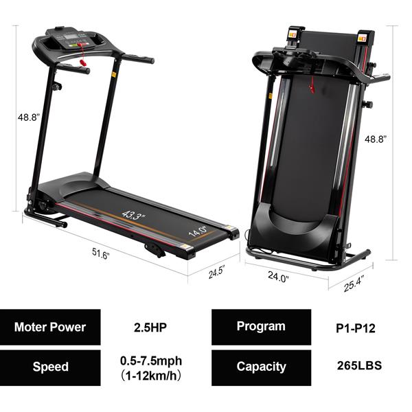 可折叠跑步机，带倾斜度 2.5HP 12KM/H 电动跑步机，适用于家用可折叠，蓝牙音乐杯架，心率传感器，步行跑步机，适用于室内家庭健身房锻炼健身-4