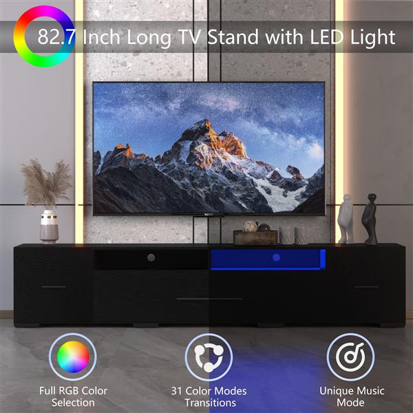 [视频] 带储物柜的电视柜，遥控器，APP 控制长 LED 电视支架，全 RGB 颜色选择，31 种模式变色灯现代娱乐中心带电源线（黑色，适用于 80 英寸）-14