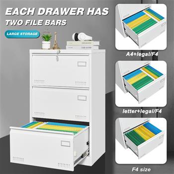 文件柜 横向文件柜 3 抽屉，白色文件柜带锁，带锁金属文件柜三抽屉办公柜适用于法律/信件/A4/F4 家庭办公室